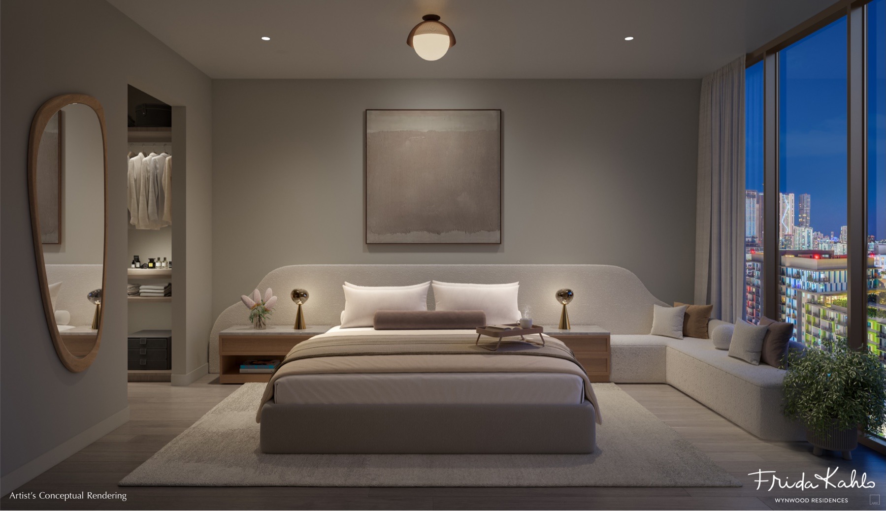 Primary bedroom with built-out closets and warm natural finishes.