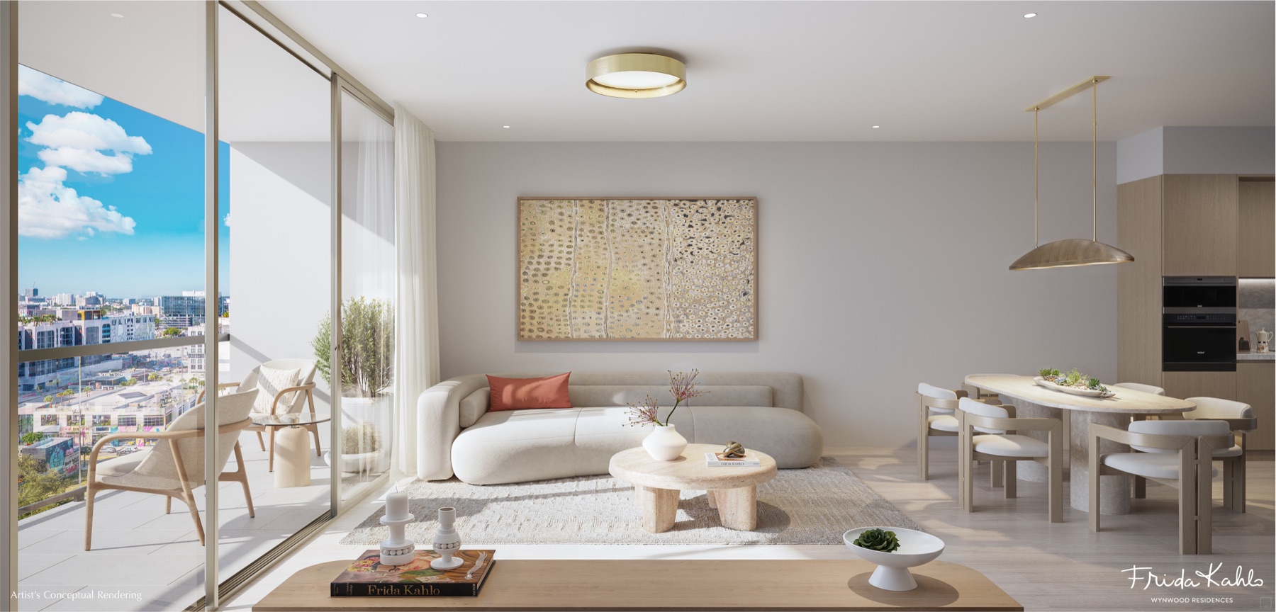 Frida Kahlo Wynwood Residences — light-filled great room with warm natural materials and Wynwood gallery views.