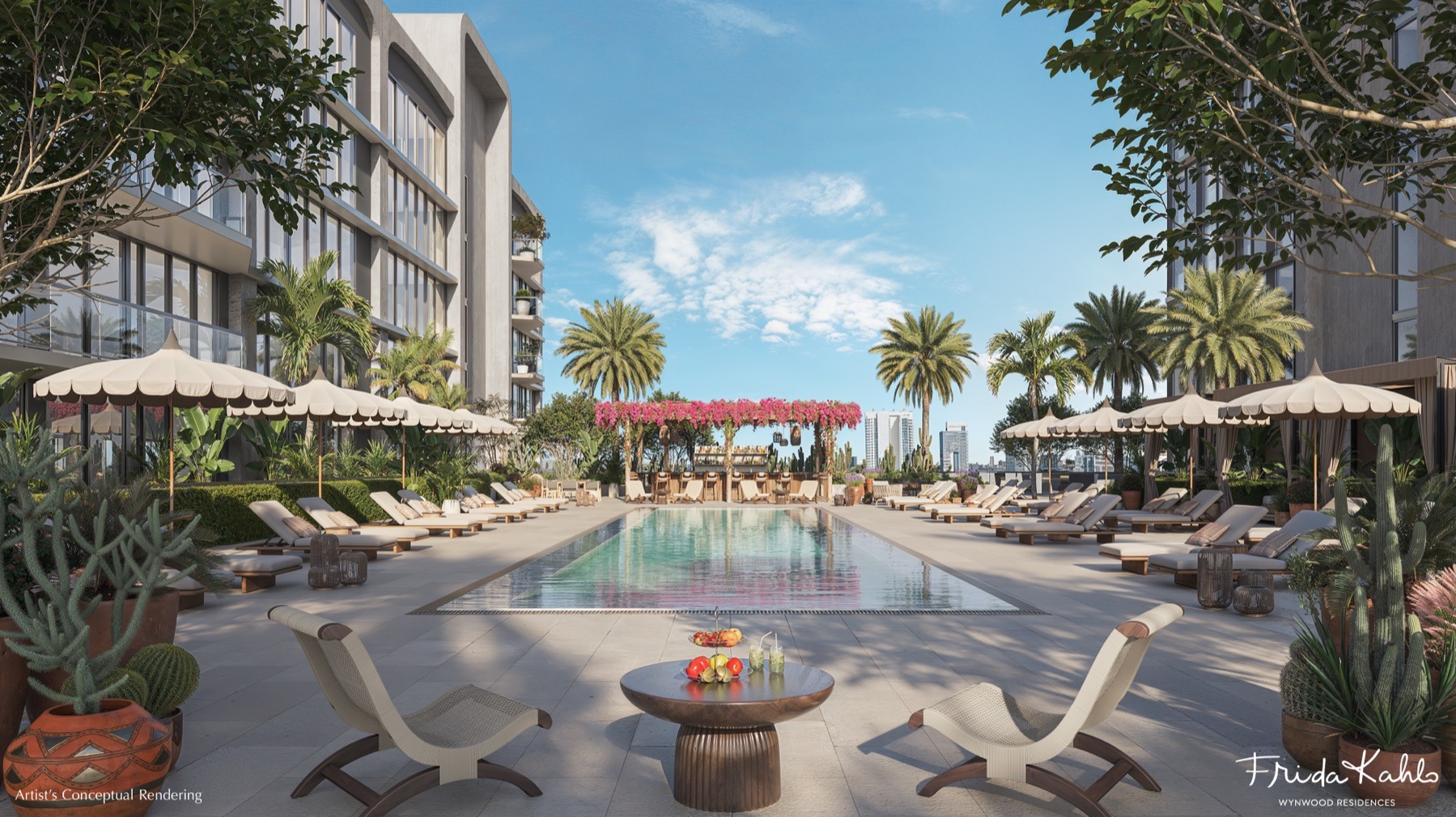 The resort-style pool deck at Frida Kahlo Wynwood Residences.