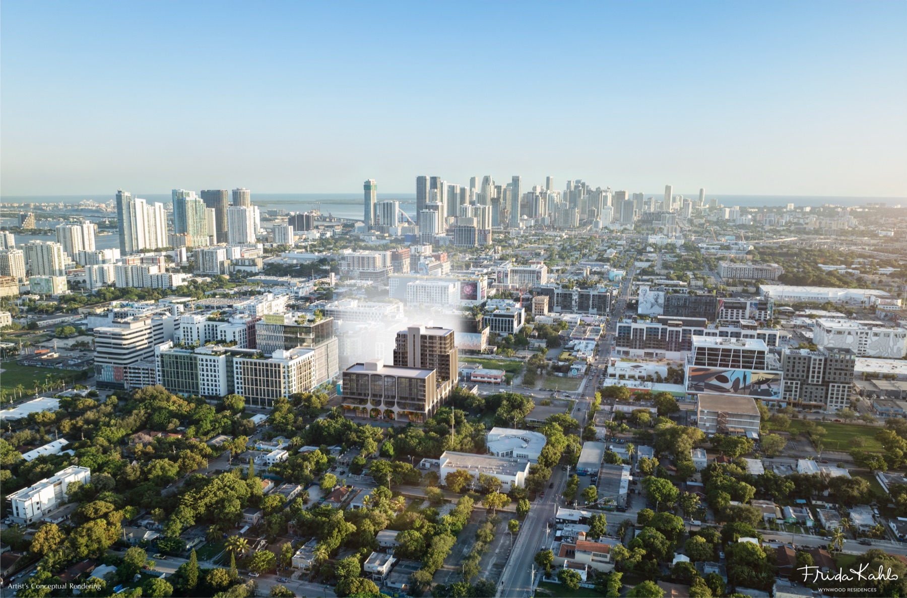 Frida Kahlo Wynwood Residences — aerial view of the twin Carlos Ott towers within the Wynwood Arts District.
